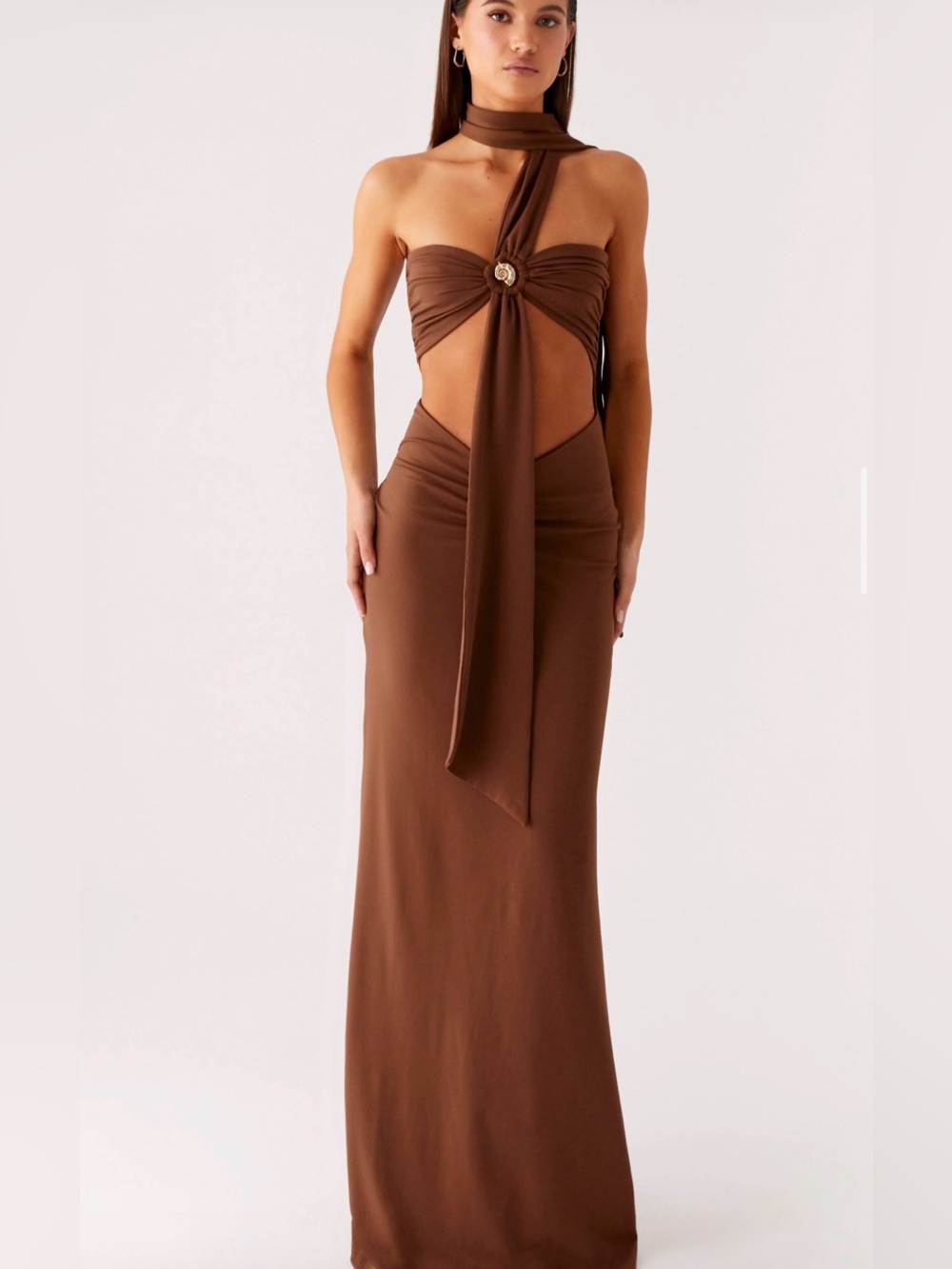 Peppermayo Brown Off-Shoulder Dress with Center Ring Detail